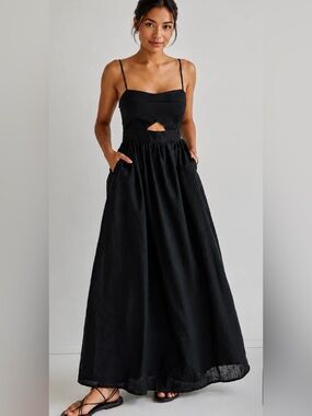 Commense Cotton Black Spaghetti-Strap Maxi Dress with Front Cutout